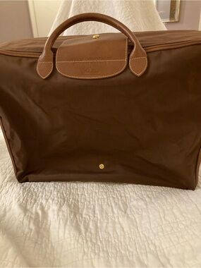 Longchamp Brown Nylon Travel Bag with Leather Trim